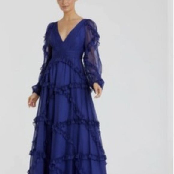 Mac Duggal Sapphire Blue Cascade Ruffle Puff Sleeve A Line Gown Size 2 / 4 - Picture 4 of 7